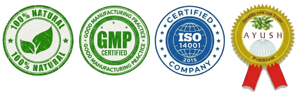 100% Natural, Good Manufacturing Practice GMP Certified, ISO 14001:2015, Ministry of AYUSH Premium